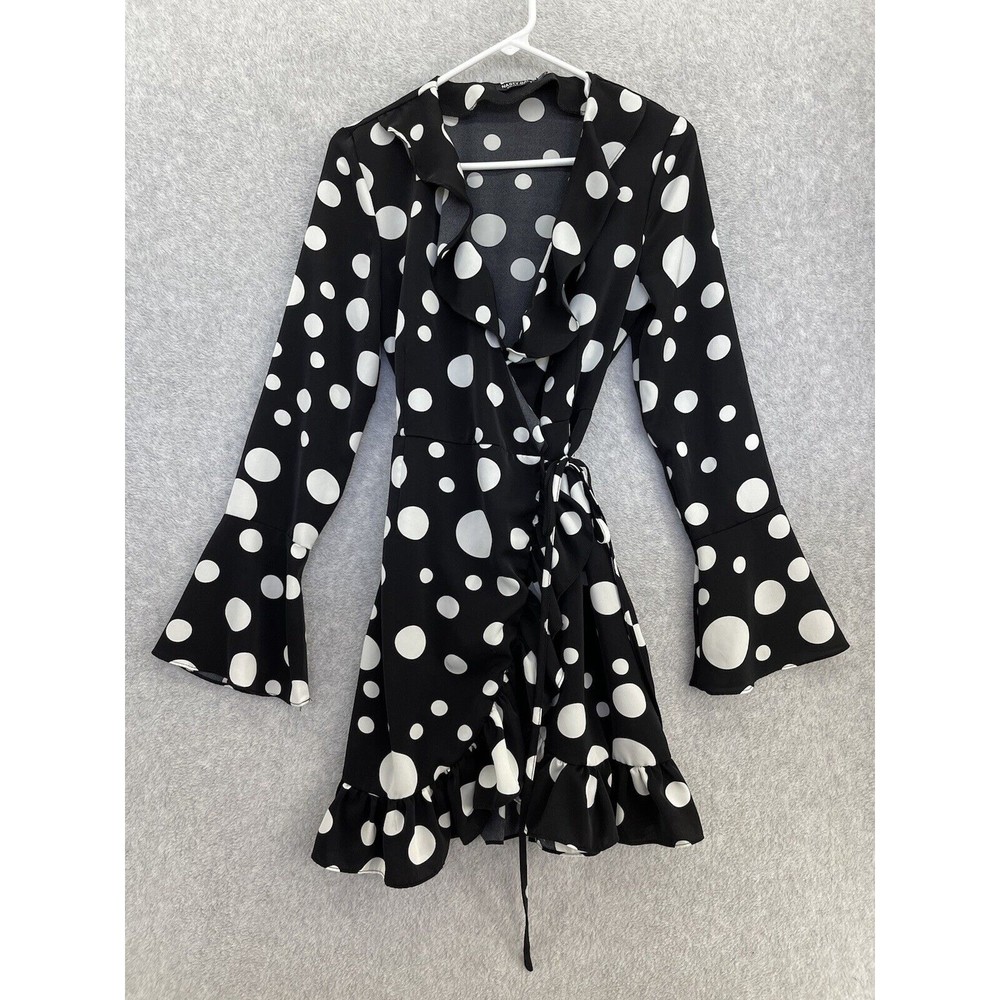 Nasty Gal Women's Polka Dot Wrap Dress Flutter Hem Bell Sleeve Black White SZ 0